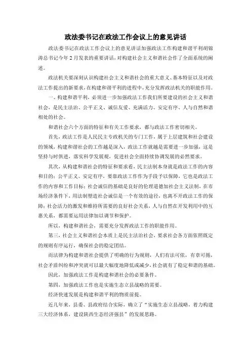 最新-政法委书记在政法工作会议上的意见讲话 精品