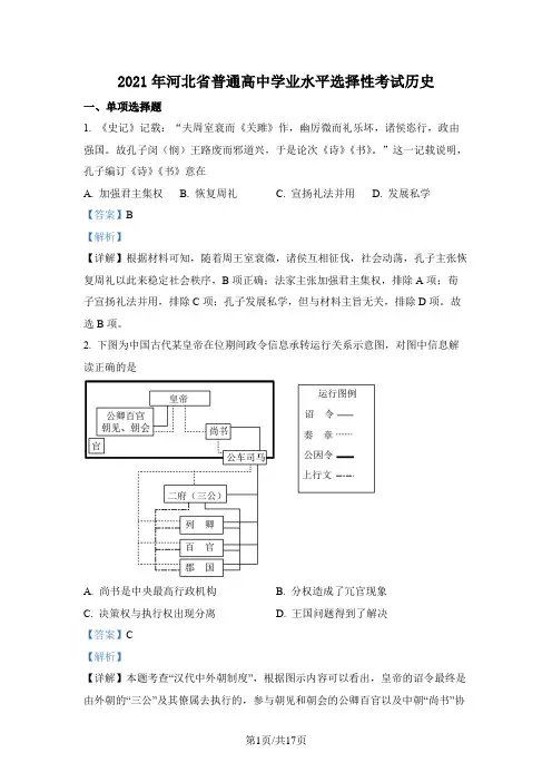 河北省2021年高考真题历史试卷