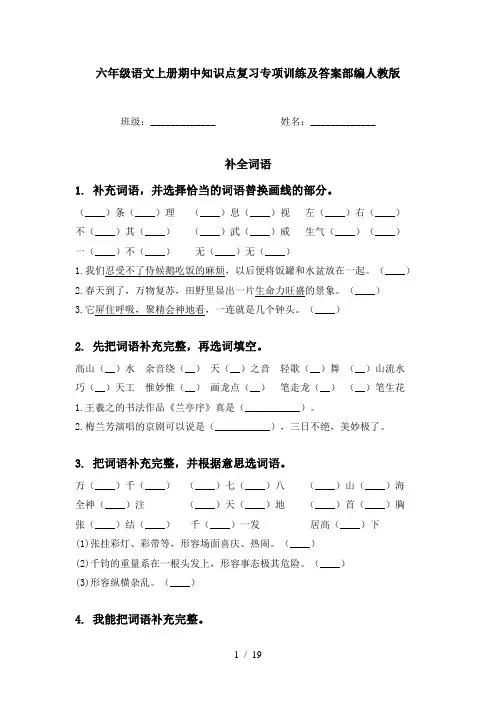 六年级语文上册期中知识点复习专项训练及答案部编人教版