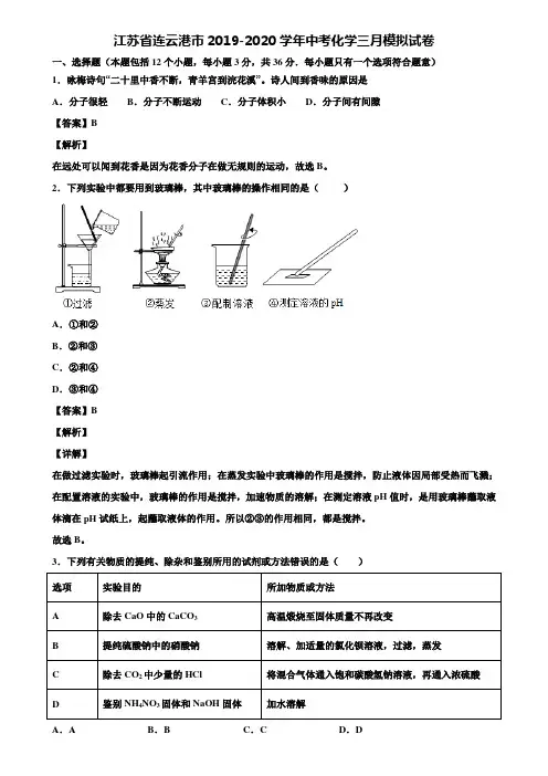 江苏省连云港市2019-2020学年中考化学三月模拟试卷含解析