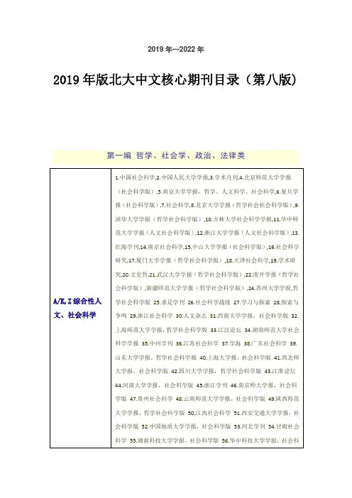 2019年最新北大中文核心期刊目录(最新第八版有效期至2022年)-