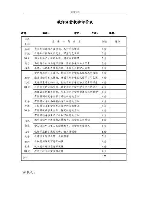 教师课堂教学评价与衡量表(量表)