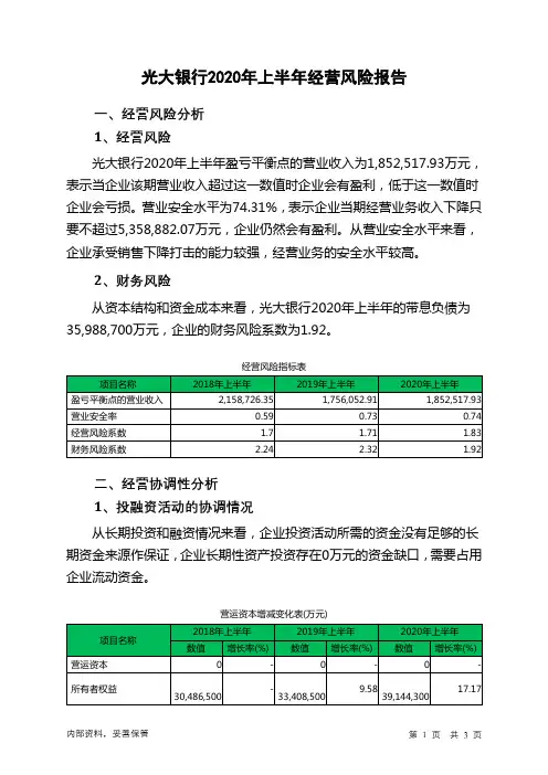 光大银行2020年上半年经营风险报告