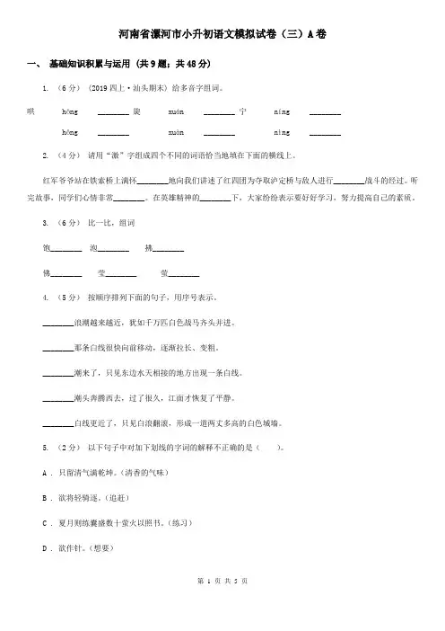 河南省漯河市小升初语文模拟试卷(三)A卷