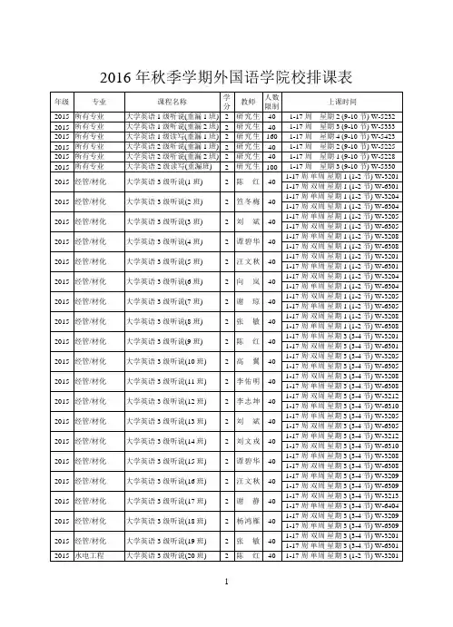 2016年秋季学期外国语学院校排课表