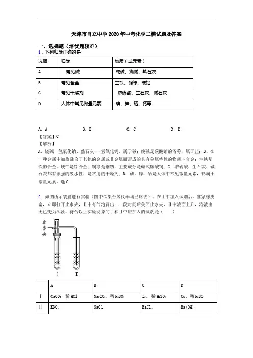 天津市自立中学2020年中考化学二模试题及答案
