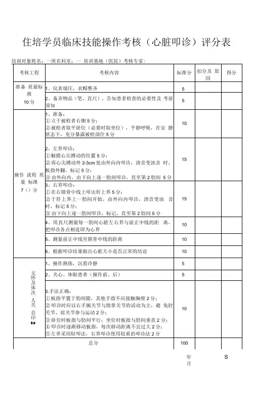 住培学员临床技能操作考核心脏叩诊评分表