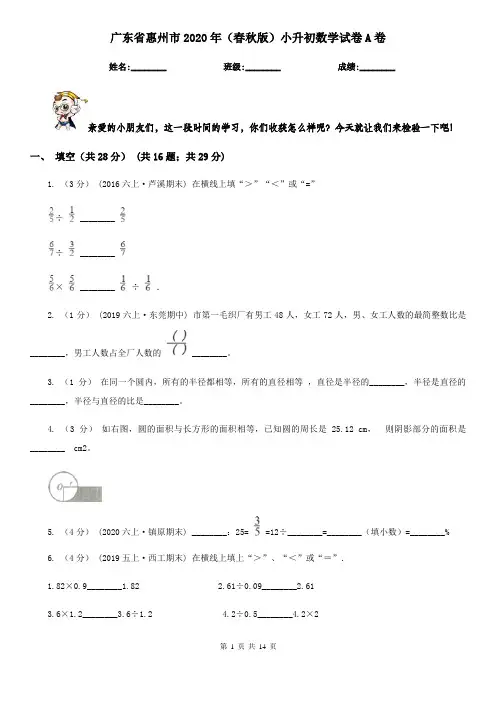 广东省惠州市2020年(春秋版)小升初数学试卷A卷