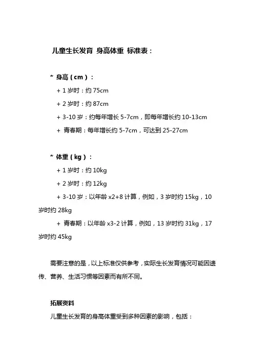 儿童生长发育 身高体重 标准表