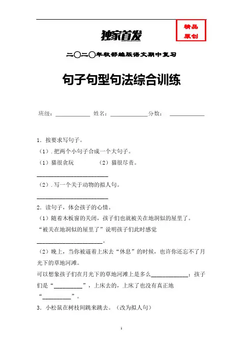 统编语文六年级上册句子句型句法综合训练含答案 (力荐)