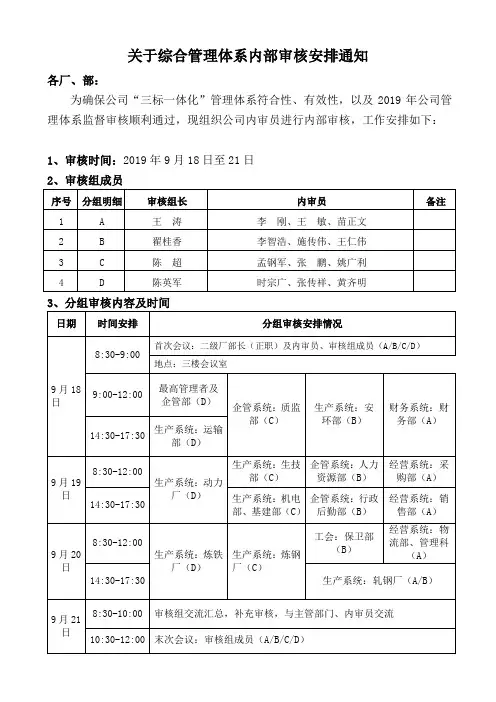 关于综合管理体系内部审核安排通知