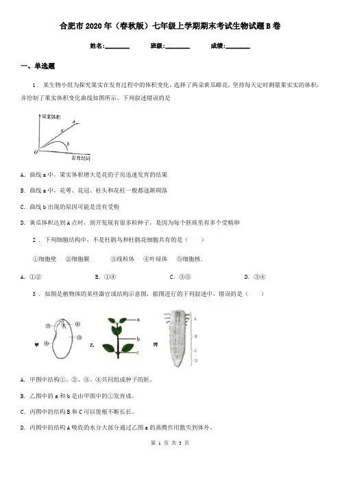 合肥市2020年(春秋版)七年级上学期期末考试生物试题B卷