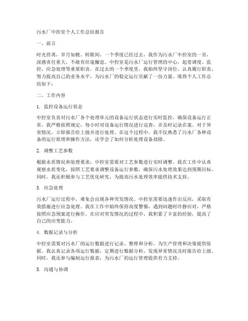 污水厂中控室个人工作总结报告