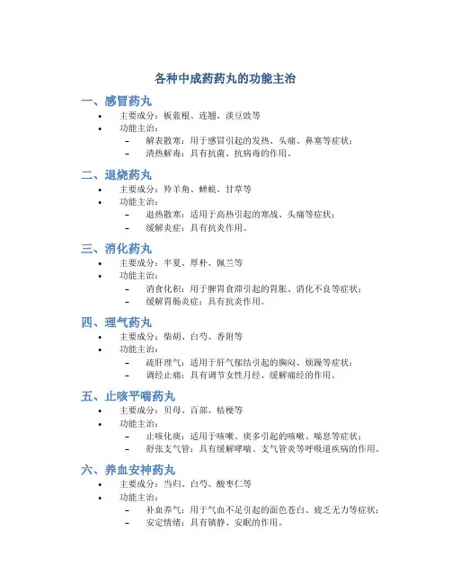 各种中成药药丸的功能主治