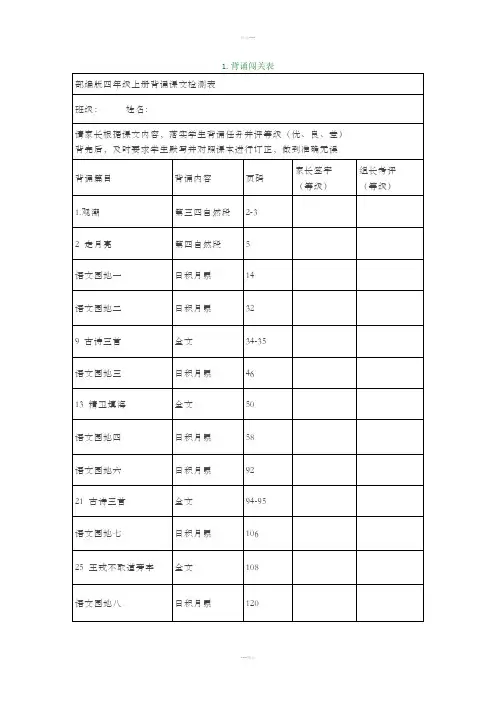 部编版四年级语文上册课文背诵闯关表及必背内容