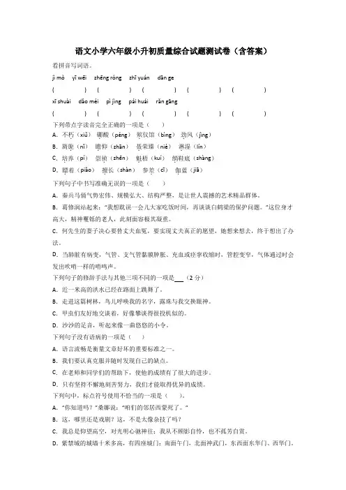 语文小学六年级小升初质量综合试题测试卷(含答案)