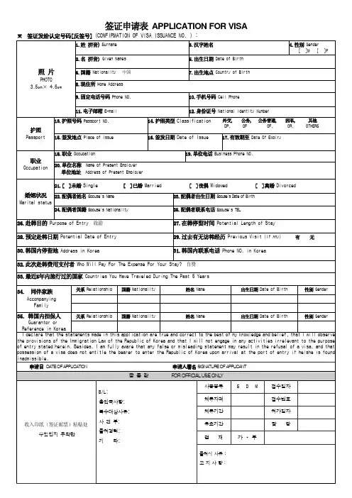 韩国 签证申请表