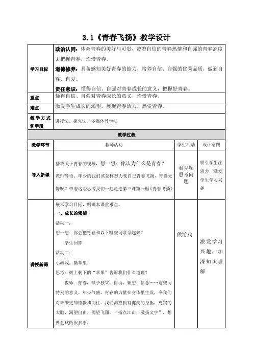 青春飞扬 教案  统编版道德与法治七年级下册