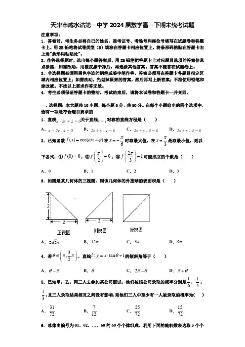 天津市咸水沽第一中学2024届数学高一下期末统考试题含解析