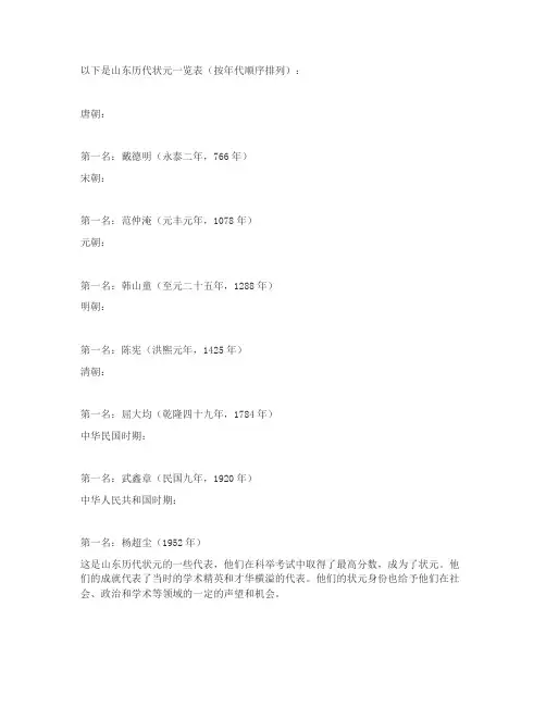 山东历代状元一览表