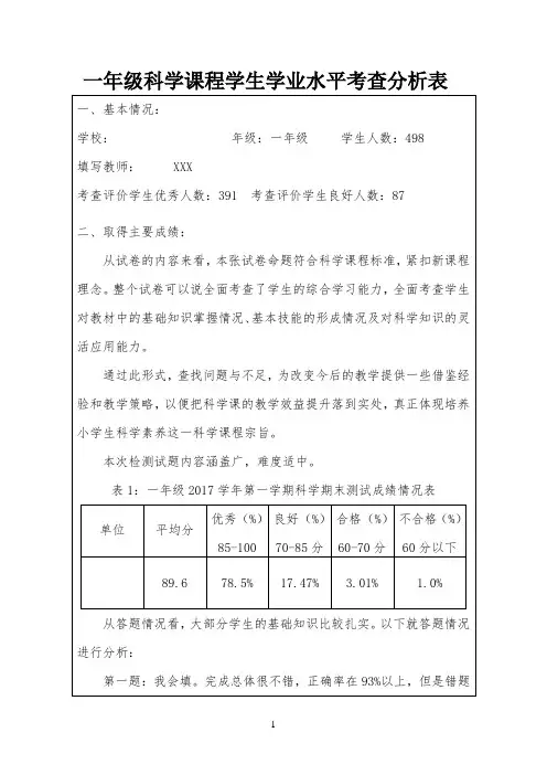 小学科学课程学生学业水平考查分析表(一至六上册)