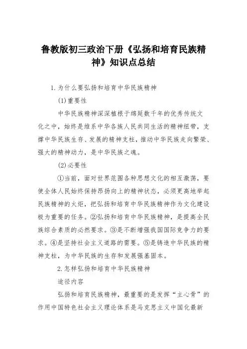 鲁教版初三政治下册《弘扬和培育民族精神》知识点总结