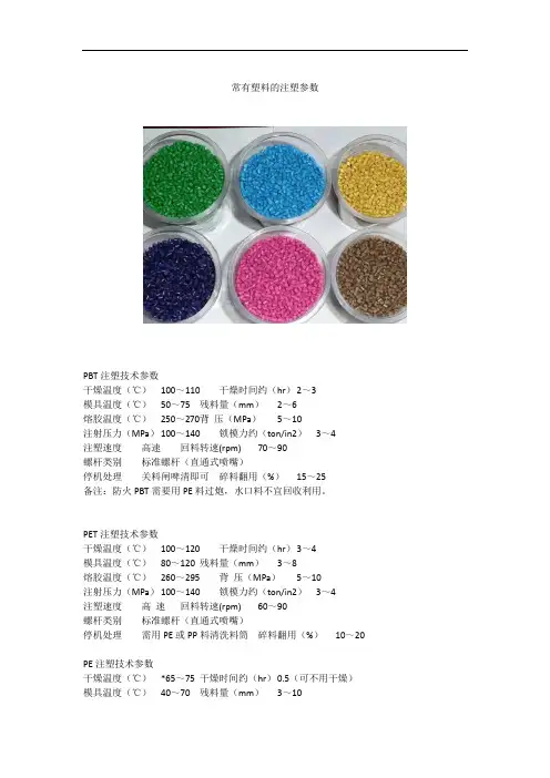 常有塑料的注塑参数