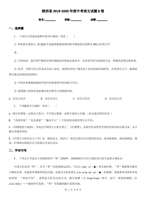 陕西省2019-2020年度中考语文试题B卷
