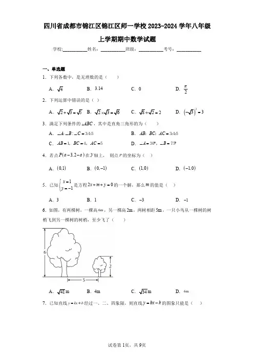 四川省成都市锦江区锦江区师一学校2023-2024学年八年级上学期期中数学试题