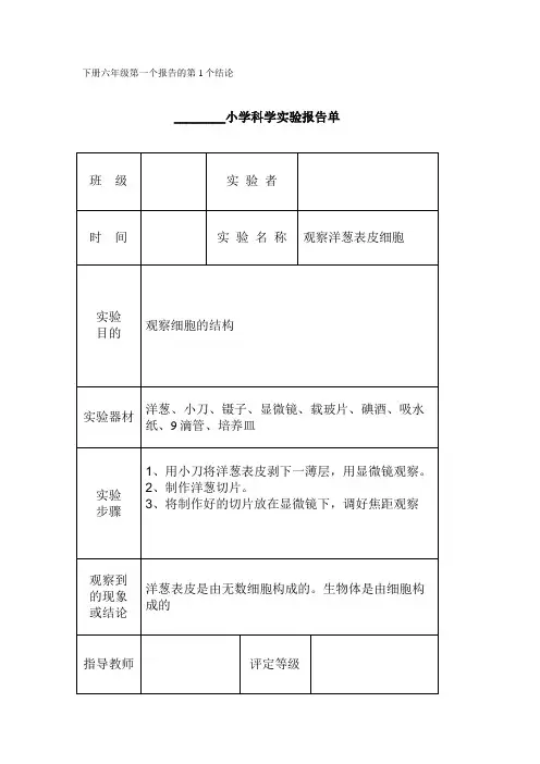 小学科学六年级下册实验报告单