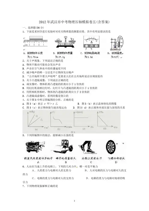 2012年武汉市中考物理压轴模拟卷五(含答案)