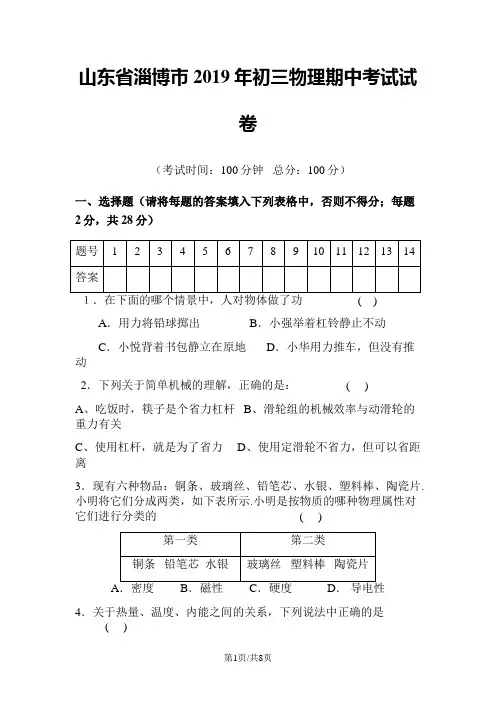 山东省淄博市下学期九年级物理期中考试试题
