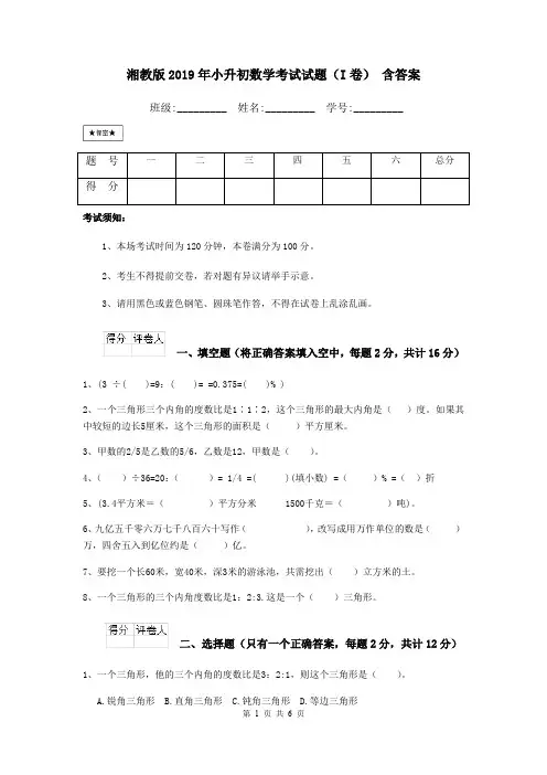湘教版2019年小升初数学考试试题(I卷) 含答案
