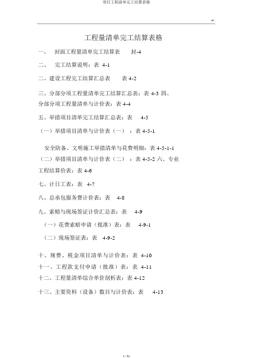 项目工程清单竣工结算表格