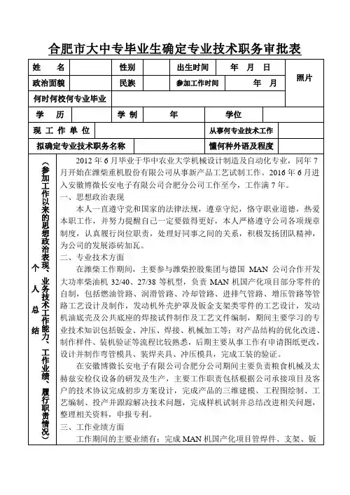 合肥市大中专毕业生确定专业技术职务审批表内容模板