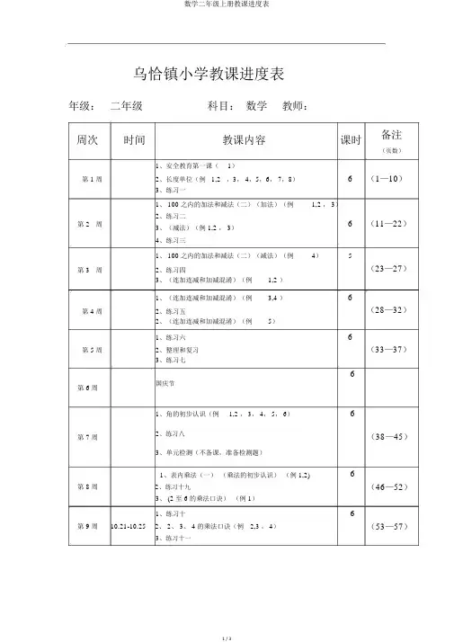 数学二年级上册教学进度表