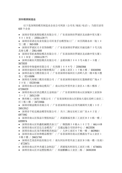 深圳的模具制造业企业公司列表(公司名地址电话)