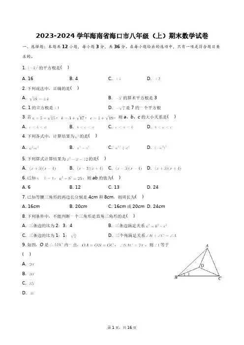 2023-2024学年海南省海口市八年级(上)期末数学试卷+答案解析