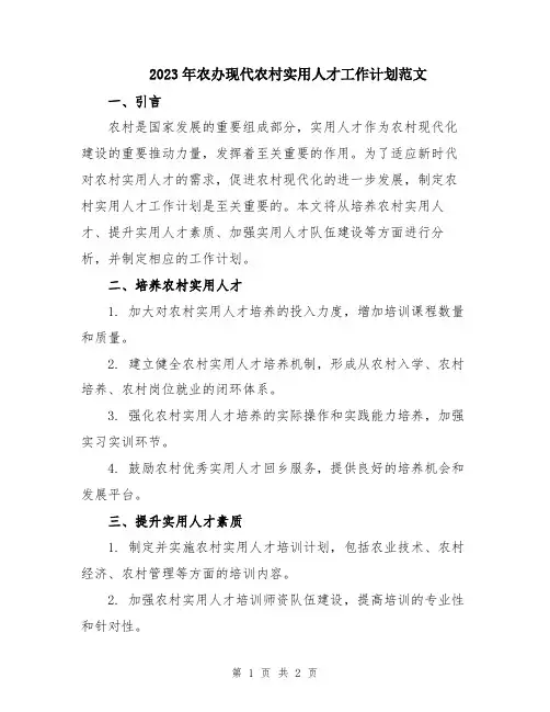 2023年农办现代农村实用人才工作计划范文