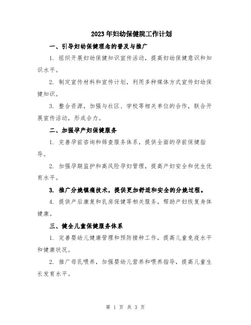 2023年妇幼保健院工作计划