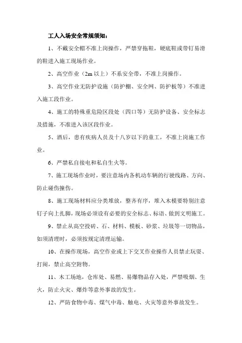工人入场安全常规须知：