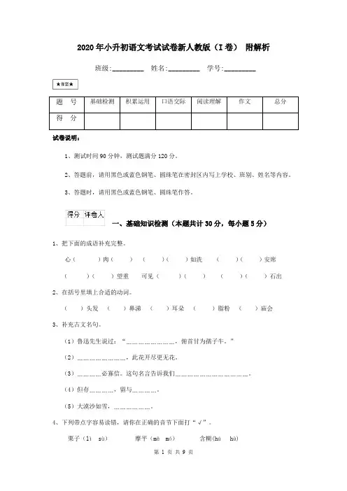 2020年小升初语文考试试卷新人教版(I卷) 附解析