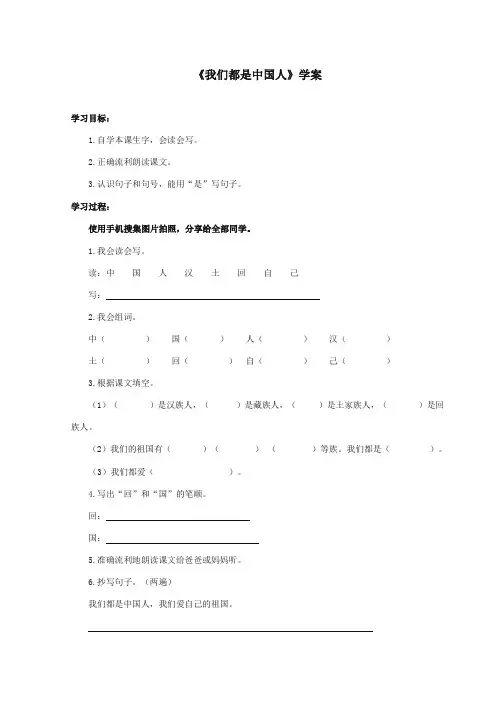 最新审定西师大版语文一年级上册《我们都是中国人》精品学案
