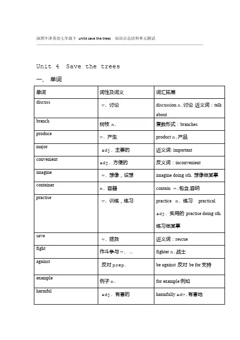 完整word版深圳牛津英语七年级下unit4savethetrees知识点总结和单元测试
