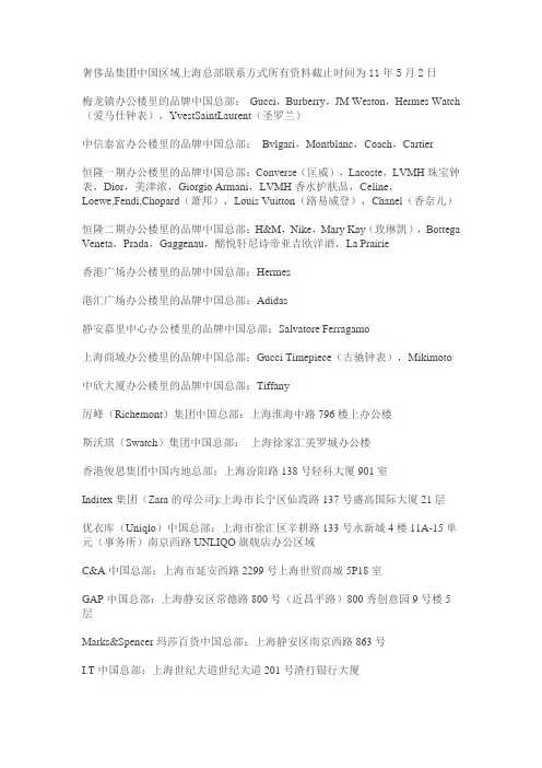 全球奢侈品集团中国区域上海总部联系方式所有资料
