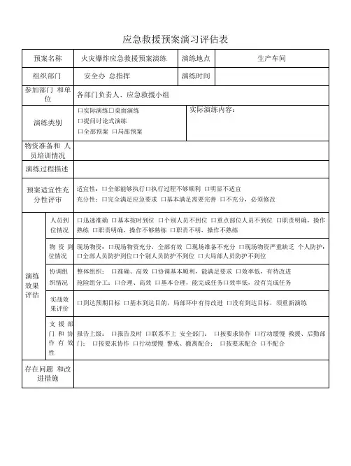 应急救援预案演习评估表(样表)