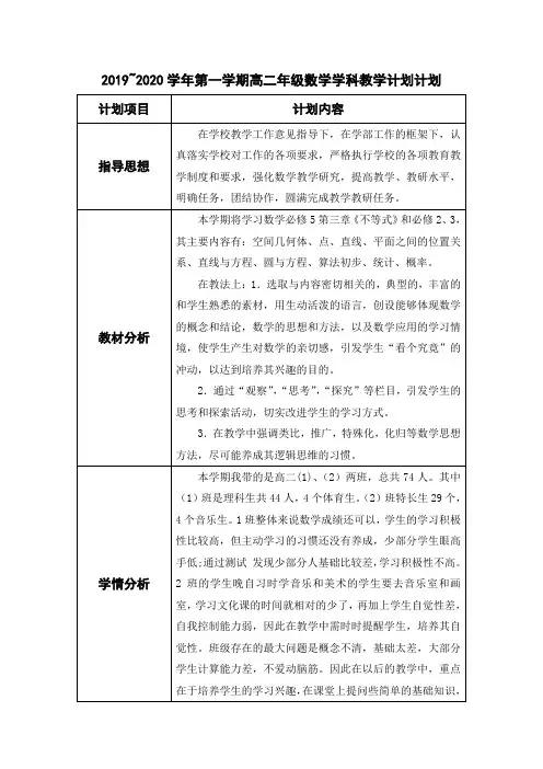 2019-2020学年第一学期高二年级数学学科教学计划