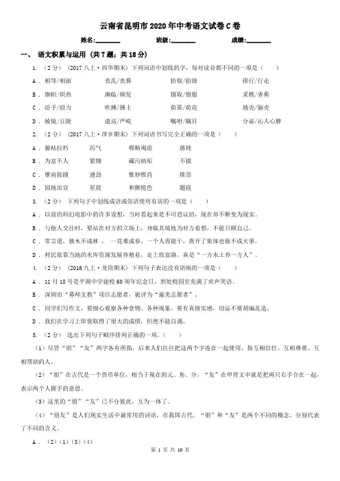 云南省昆明市2020年中考语文试卷C卷