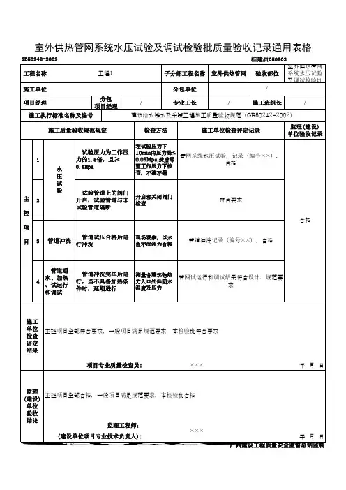 室外供热管网系统水压试验及调试检验批质量验收记录通用表格