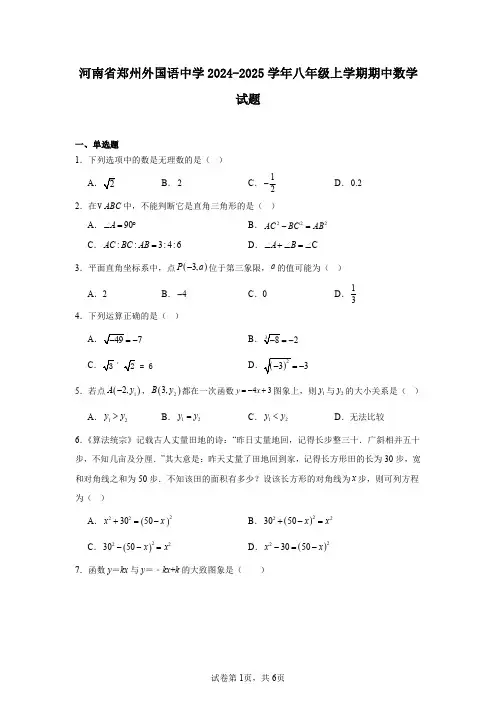 河南省郑州外国语中学2024-2025学年八年级上学期期中数学试题